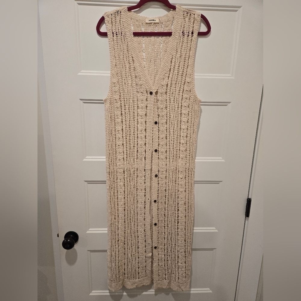 New Adora Cream Crochet Button-Front Sleeveless Duster Vest